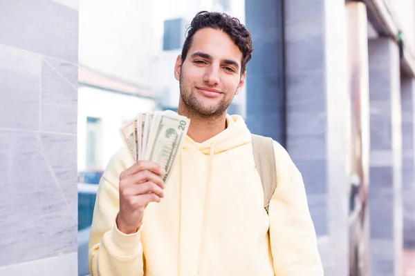 Hispanischer Gutaussehender Mann Mit Dollarscheinen Outdoor Konzept — Stockfoto