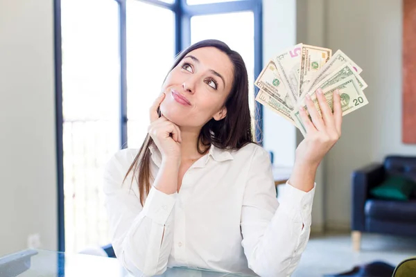 Young Adult Pretty Woman Dollar Banknotes Home — Stockfoto