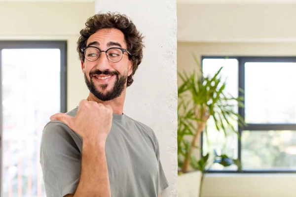 Young Adult Crazy Man Expressive Pose Modern House Interior —  Fotos de Stock
