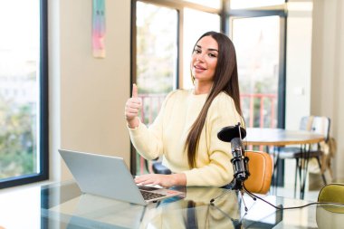 young pretty influencer woman telecommuting at home