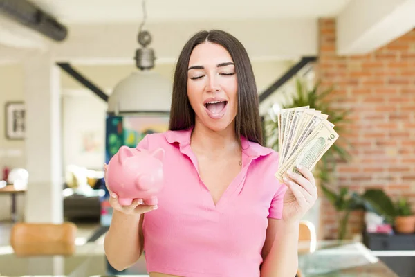 Young Pretty Woman Piggy Bank Home Savings Concept — 스톡 사진