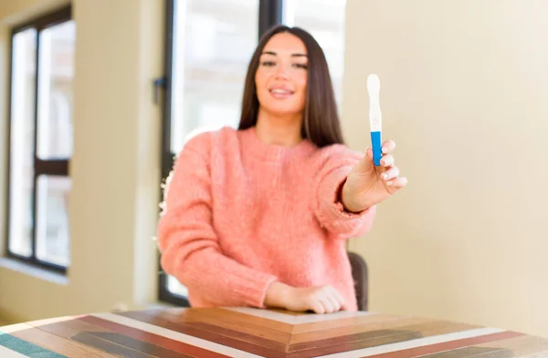 Pretty Young Woman Pregnancy Test Result Home — Stockfoto