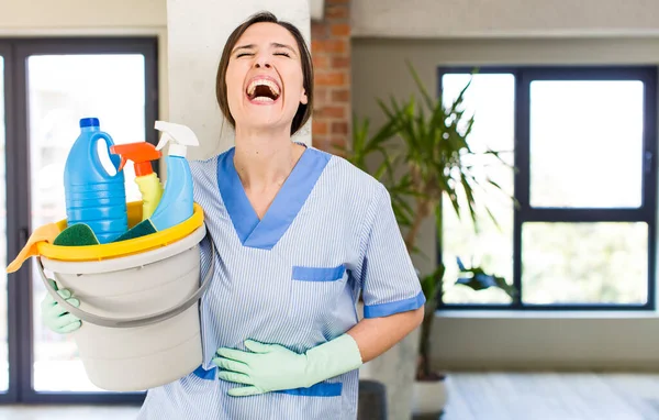 Young Pretty Woman Laughing Out Loud Some Hilarious Joke Housekeeper — Stockfoto