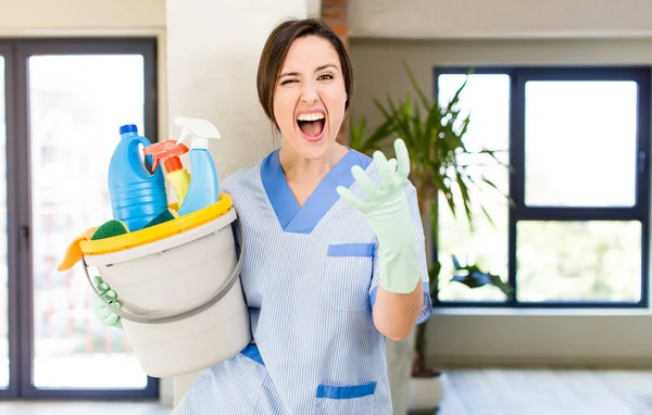 Young Pretty Woman Looking Angry Annoyed Frustrated Housekeeper Concept — Stock Photo, Image