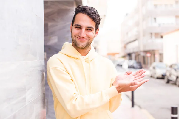 Young Hispanic Man Smiling Feeling Confident Successful Happy Showing Concept — Stock Photo, Image