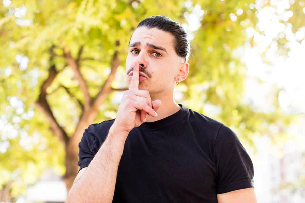 Young Cool Man Looking Serious Cross Finger Pressed Lips Demanding — Stock Photo, Image
