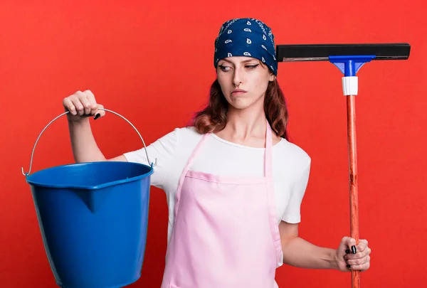 Caucasian Pretty Blonde Woman Housekeeper Cleaning Windows Concept — Stock Photo, Image