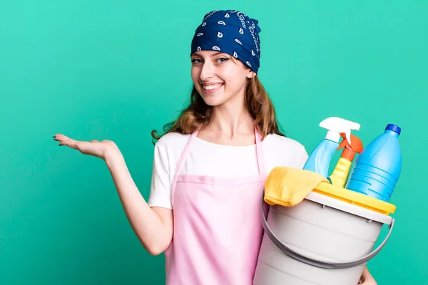 Caucasian Pretty Blonde Woman Housekeeper Clean Products Concept —  Fotos de Stock