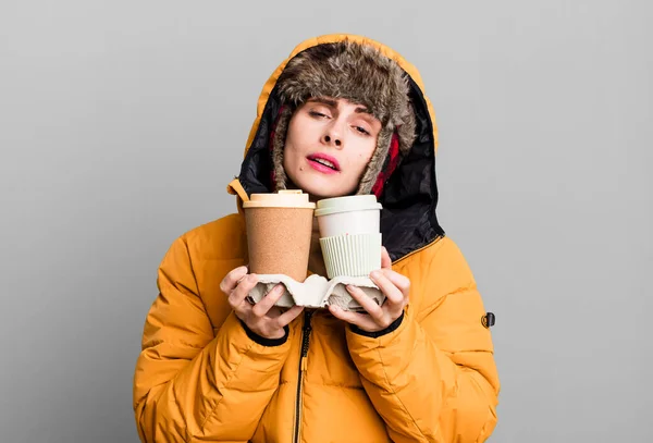 Young Adult Pretty Woman Wearing Anorak Winter Hat Holding Take — Foto Stock