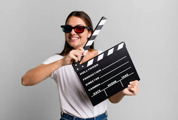 Young Pretty Woman Cinema Clapper Film Movie Concept — Stok fotoğraf