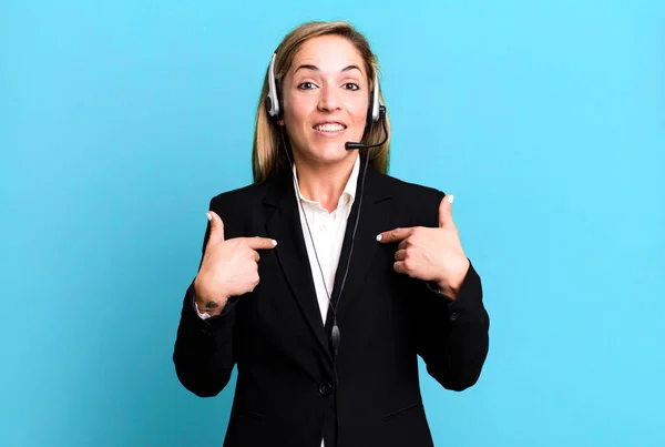 Pretty Blonde Woman Feeling Happy Pointing Self Excited Telemarketing Concept — Stockfoto