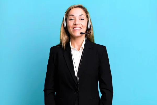 Pretty Blonde Woman Looking Happy Pleasantly Surprised Telemarketing Concept — Foto Stock
