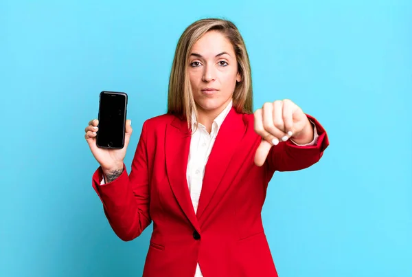 Pretty Blonde Woman Feeling Cross Showing Thumbs Businesswoman Phone Concept — ストック写真
