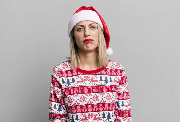 Pretty Blonde Woman Feeling Sad Whiney Unhappy Look Crying Christmas — Stockfoto