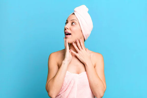 Pretty Blonde Woman Feeling Happy Excited Surprised Bathrobe Beauty Concept — Stock Photo, Image