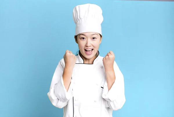 Pretty Asian Woman Feeling Shocked Laughing Celebrating Success Restaurant Chef — Fotografia de Stock