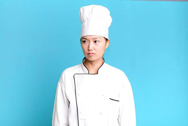 Pretty Asian Woman Feeling Sad Upset Angry Looking Side Restaurant — Fotografia de Stock