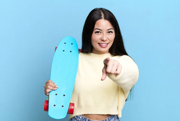 Hispanic Pretty Woman Pointing Camera Choosing You Skate Boarding Concept — Stock Photo, Image