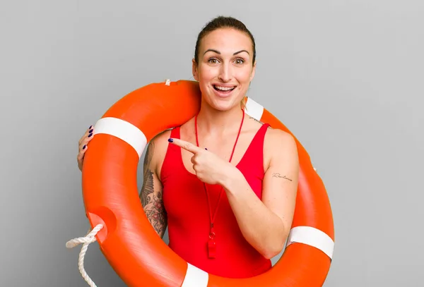 Young Pretty Woman Looking Excited Surprised Pointing Side Summer Lifeguard — Stock Photo, Image
