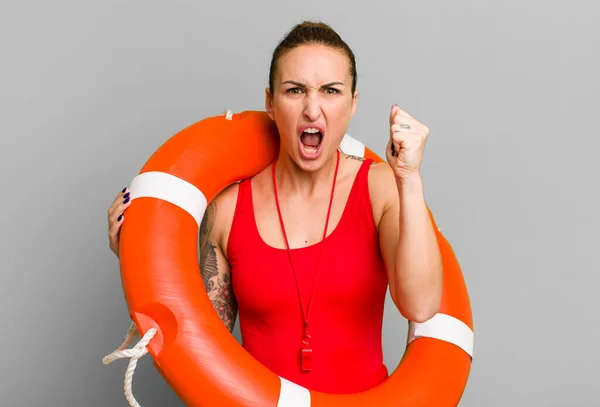 Young Pretty Woman Shouting Aggressively Angry Expression Summer Lifeguard Concept — Stock Photo, Image
