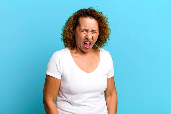 Middle Age Hispanic Woman Shouting Aggressively Looking Very Angry Frustrated — Stock Photo, Image