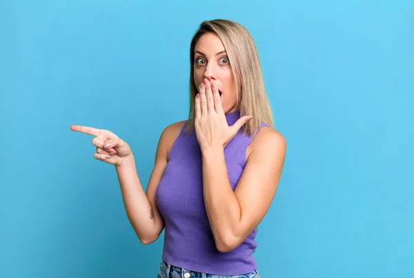 Blonde Adult Woman Feeling Happy Shocked Surprised Covering Mouth Hand — ストック写真