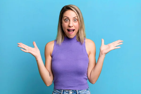 Blonde Adult Woman Feeling Happy Excited Surprised Shocked Smiling Astonished — Stockfoto