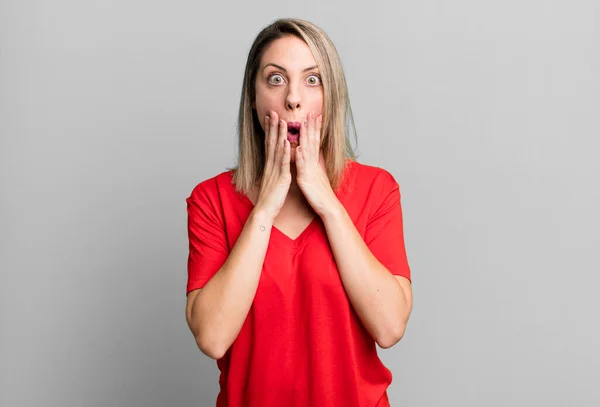 Blonde Adult Woman Feeling Shocked Scared Looking Terrified Open Mouth — Stock Fotó