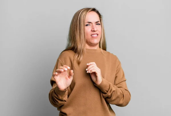 Blonde Adult Woman Feeling Disgusted Nauseous Backing Away Something Nasty —  Fotos de Stock