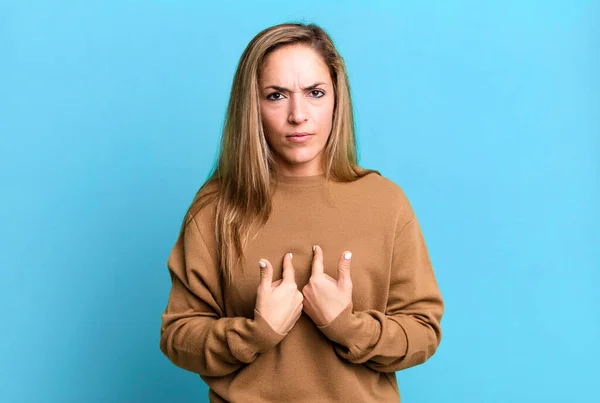 Blonde Adult Woman Pointing Self Confused Quizzical Look Shocked Surprised — Stok fotoğraf