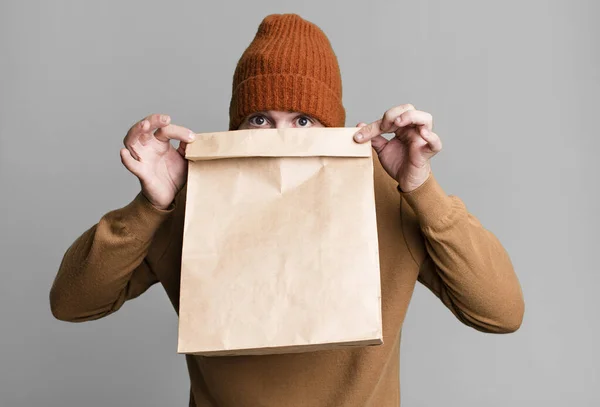 Young Adult Red Hair Bearded Cool Man Paper Bag Take — Stock Photo, Image