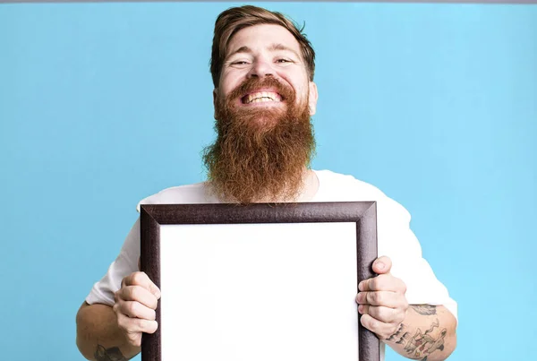Young Adult Red Hair Bearded Cool Man Holding Empty Picture — Stock Photo, Image