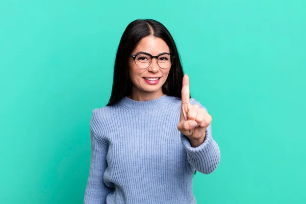 Pretty Latin Woman Smiling Proudly Confidently Making Number One Pose — Stock Photo, Image