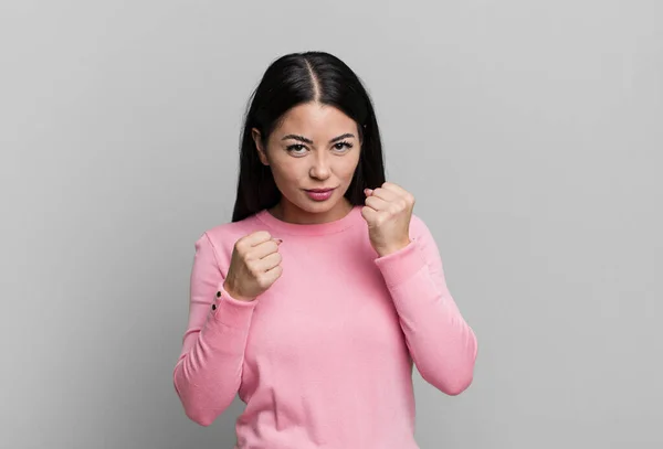 Pretty Latin Woman Looking Confident Angry Strong Aggressive Fists Ready —  Fotos de Stock