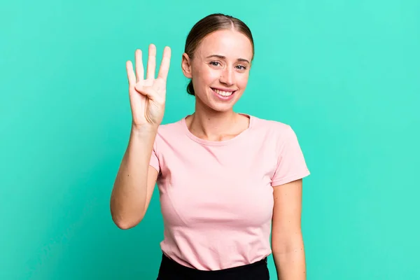 Smiling Looking Friendly Showing Number Four Fourth Hand Forward Counting — Stock Photo, Image