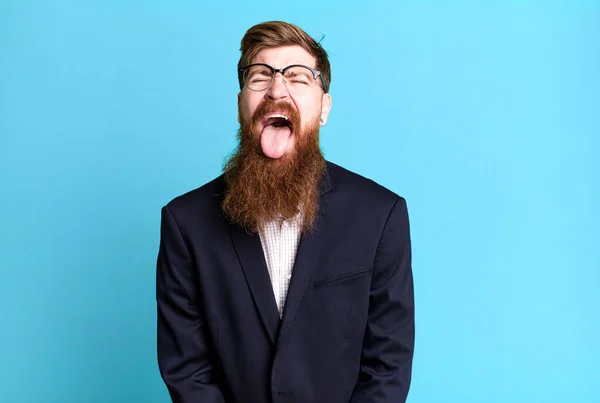 Long Beard Man Feeling Disgusted Irritated Tongue Out Business Concept — Stock Photo, Image