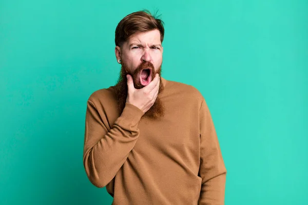 Long Beard Red Hair Man Mouth Eyes Wide Open Hand — Stock Photo, Image