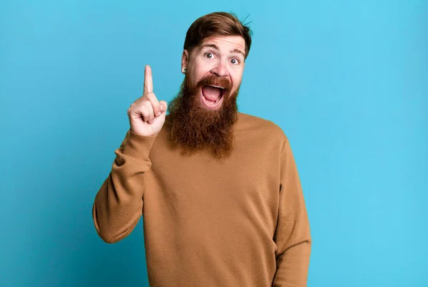 Barba Longa Cabelo Ruivo Homem Sentindo Como Gênio Feliz Animado — Fotografia de Stock