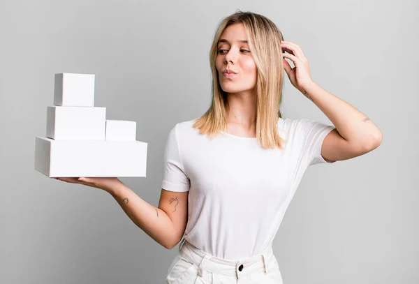 Young Pretty Woman Smiling Happily Daydreaming Doubting Blank White Boxes — Stock Photo, Image