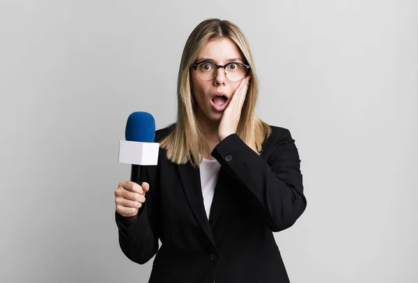 Young Pretty Woman Feeling Shocked Scared Presenter Journalist Concept — Stock Photo, Image