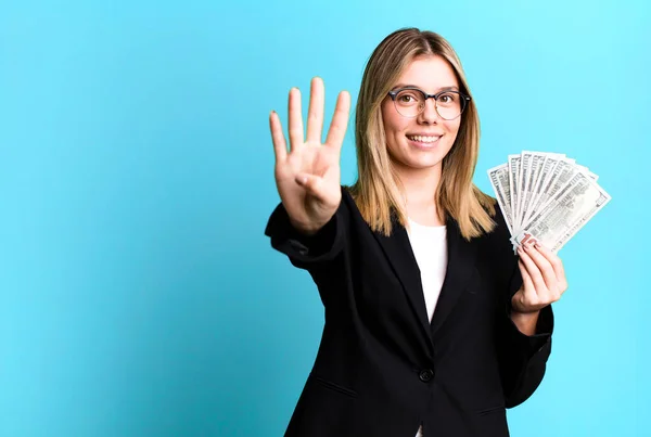 Young Pretty Woman Smiling Looking Friendly Showing Number Four Business — Stockfoto