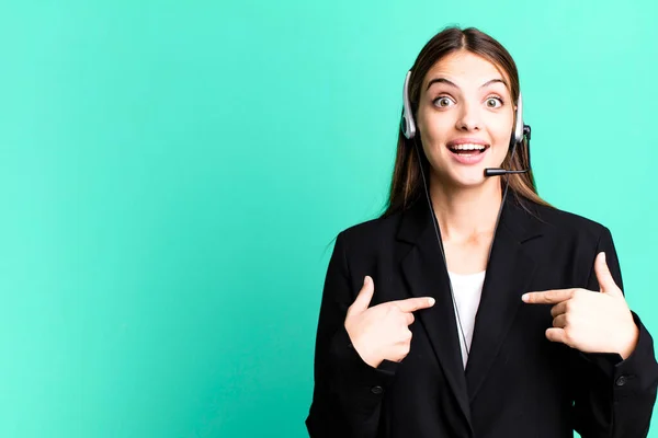 Young Pretty Woman Feeling Happy Pointing Self Excited Telemarketing Agent — Stock Photo, Image
