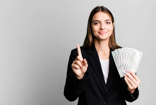 Young Pretty Woman Smiling Looking Friendly Showing Number One Business — Stock Photo, Image