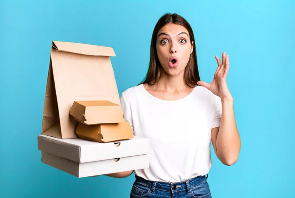 Young Pretty Woman Screaming Hands Air Delivery Take Away Concept — Stock Photo, Image