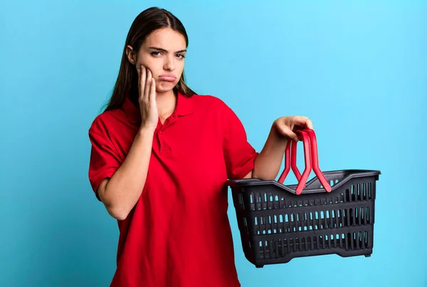 Young Pretty Woman Feeling Bored Frustrated Sleepy Tiresome Empty Shopping — Foto Stock