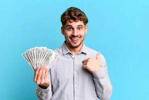 Young Adult Caucasian Man Feeling Happy Pointing Self Excited Dollar — Photo
