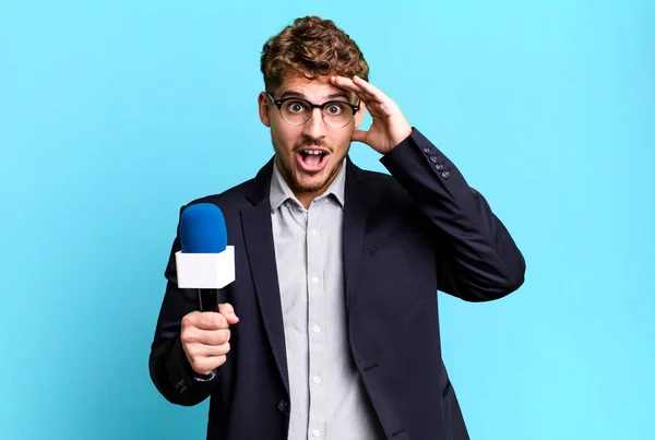 Young Adult Caucasian Man Looking Happy Astonished Surprised Journalist Presenter — Stock Photo, Image