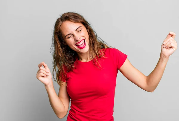 Young Pretty Woman Smiling Feeling Carefree Relaxed Happy Dancing Listening — Stock Photo, Image