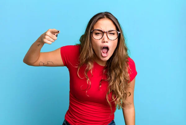 Young Pretty Woman Pointing Camera Angry Aggressive Expression Looking Furious — Stock Photo, Image