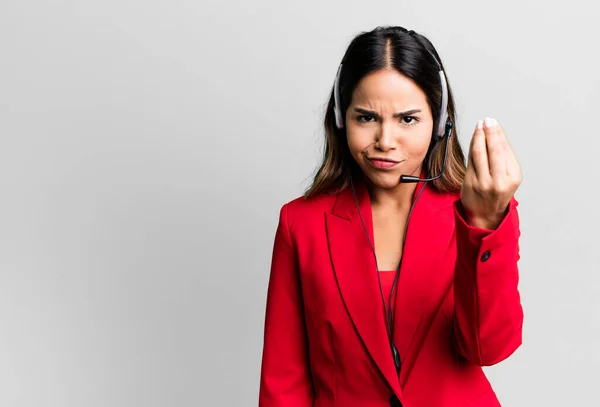 Hispanic Pretty Woman Making Capice Money Gesture Telling You Pay — Stock Photo, Image